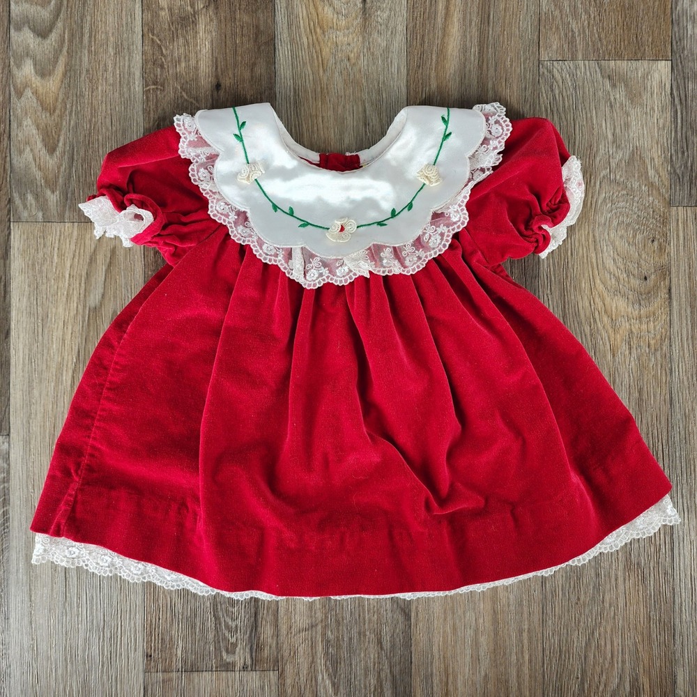 Vintageā Baby Girl Red Velvet Holiday Dress Lace Trim 3-6 Months